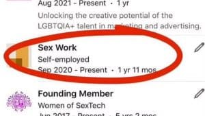 A response to the post after a LinkedIn user explains proudly why she added "sex work" as experience