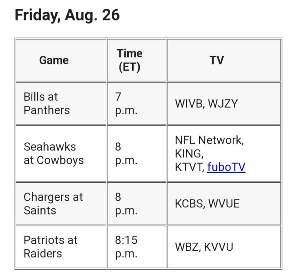 NFL Preseason schedule The Tech Outlook