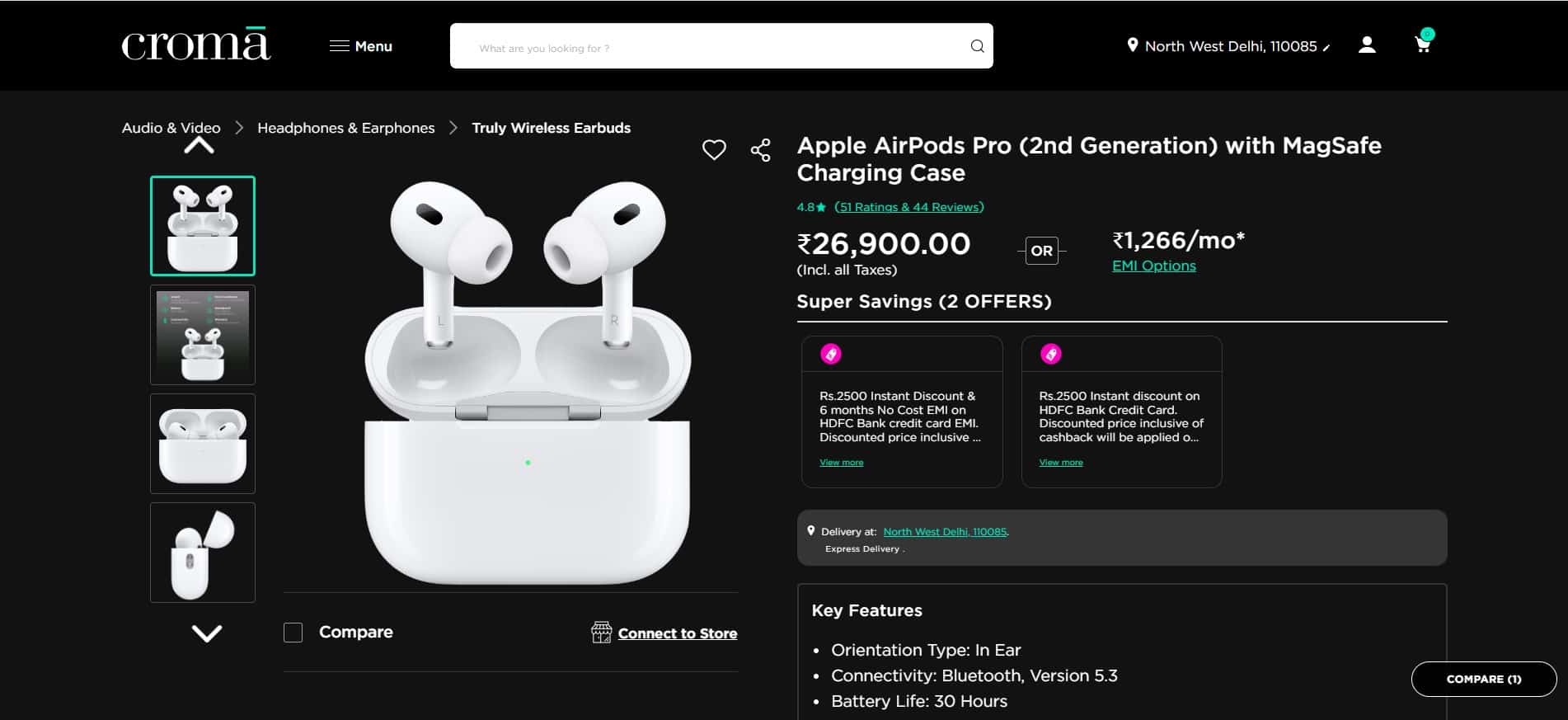Buy Apple AirPods Pro (2nd Generation) with MagSafe Charging Case Online -  Croma