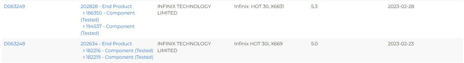 Infinix Hot 30, 30i Bluetooth SIG