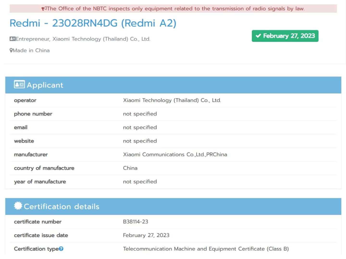 Redmi A2 NBTC Certification