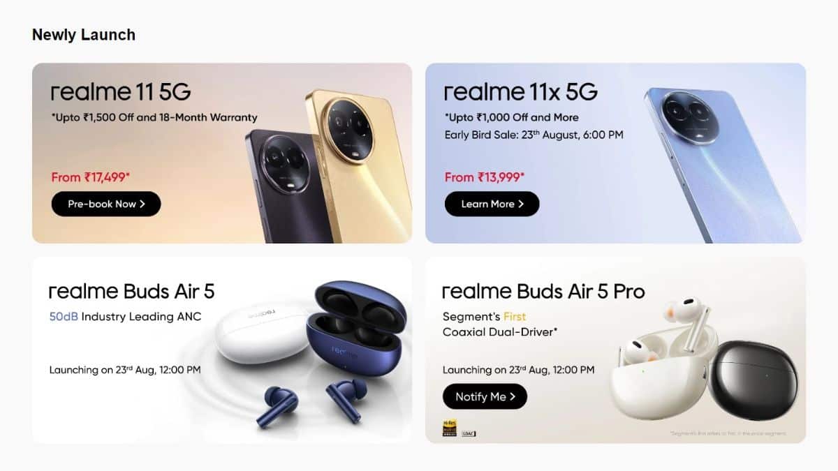 Realme Buds Air 5, Buds Air 5 Pro to Launch in India on August 23
