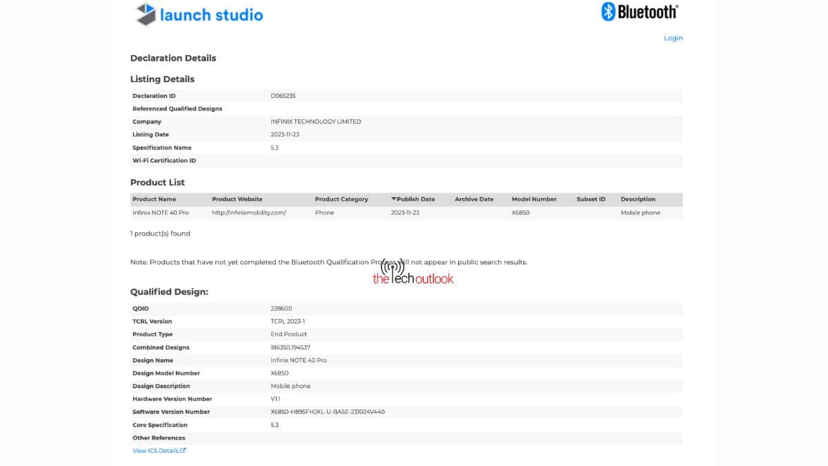 Infinix NOTE 40 Pro - Bluetooth SIG Certifications