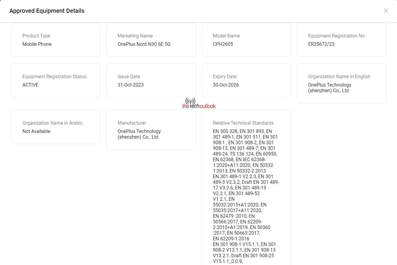 OnePlus Nord N30 SE TDRA Certification