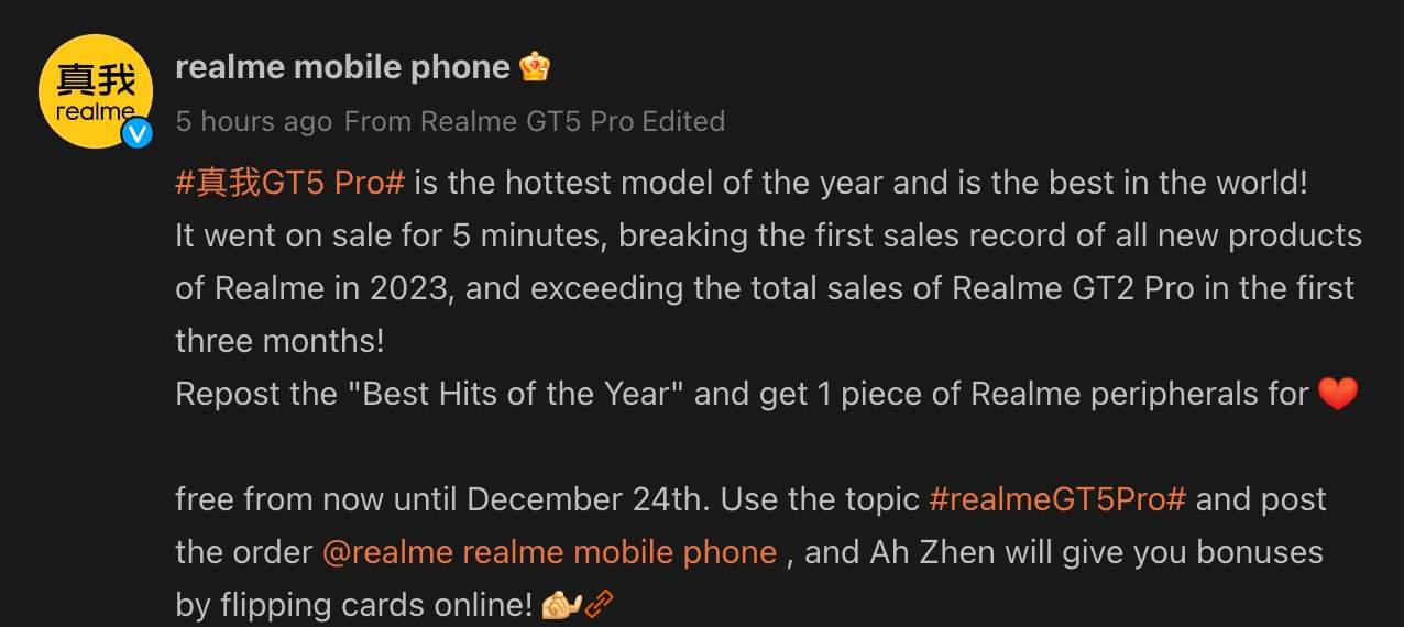 Realme GT5 Pro sales are setting new records 