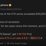 Redmi K70 Series - Sales Volume Exceeds 6,00,000 Units - Weibo Post