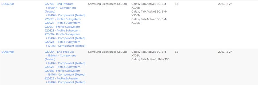 Samsung Galaxy Tab Active 5 variants bluetooth certified