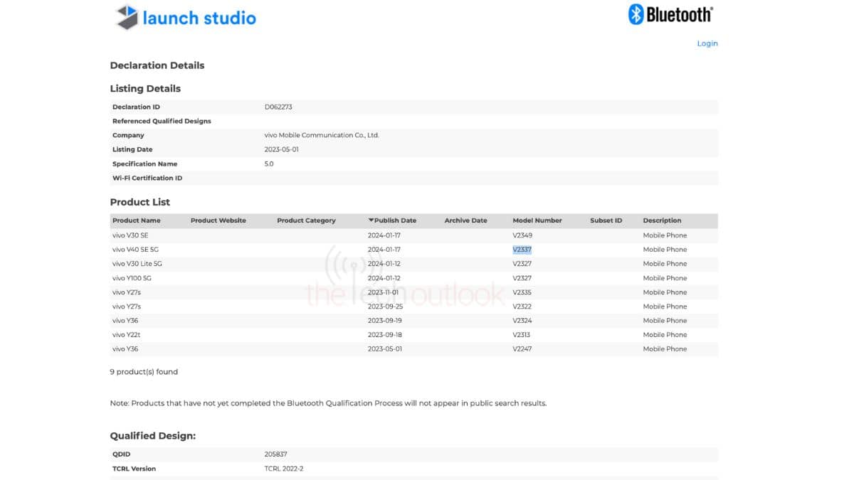 Vivo V30 SE and Vivo V40 SE 5G - Bluetooth SIG Certification