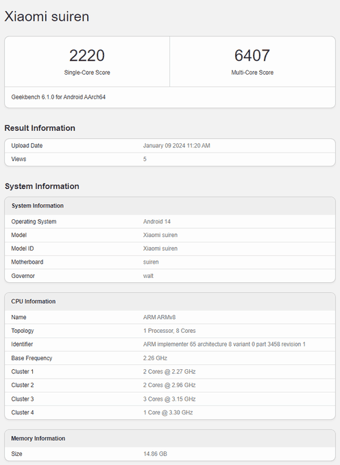 Xiaomi Suiren Geekbench