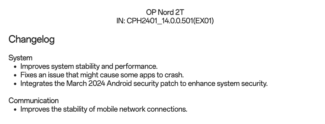 OnePlus Nord 2t March 2024 Update Chnagelog