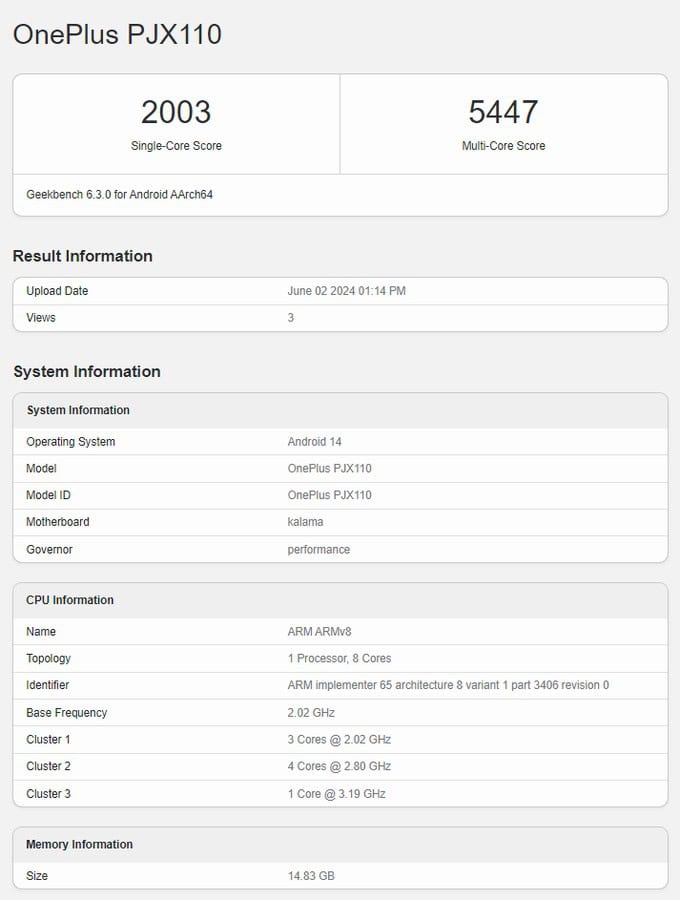 OnePlus Ace 3 Pro Geekbench-