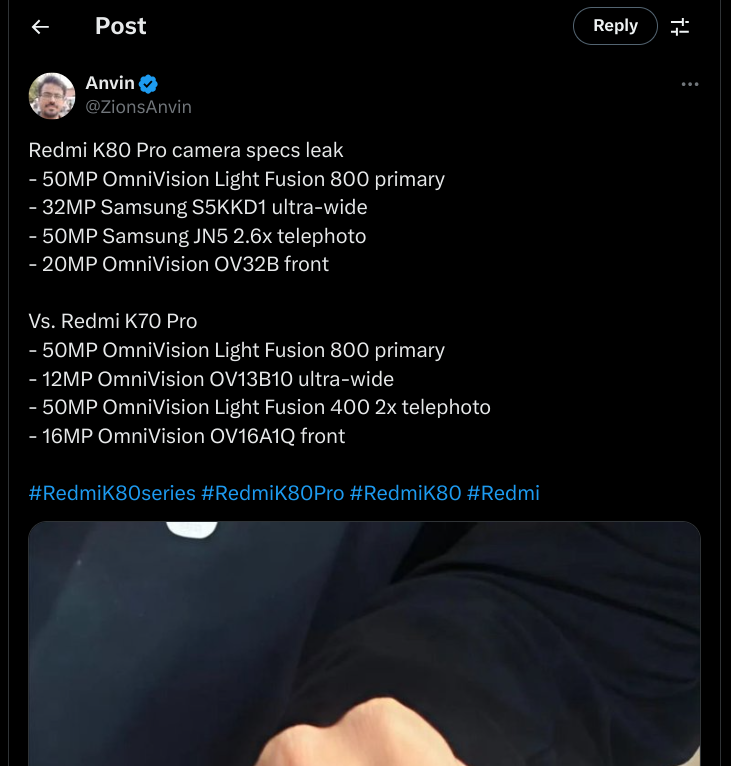 Redmi K80 Pro - Revealed Camera Specs