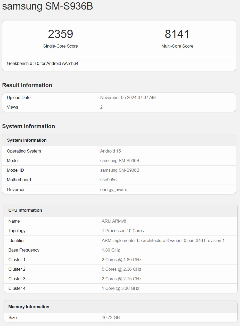 Samsung Galaxy S25+ European Version - Geekbench Listing