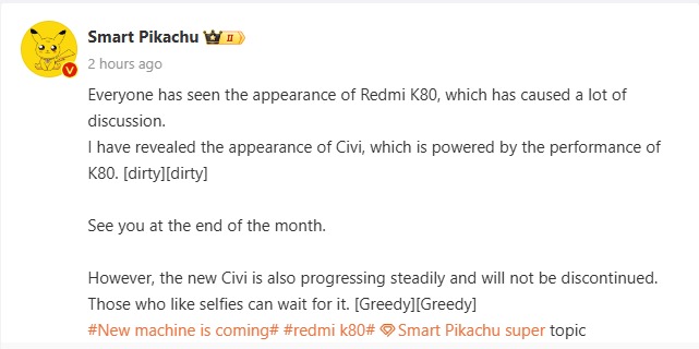 Smart Pikachu - Weibo Update on Redmi K80 Series