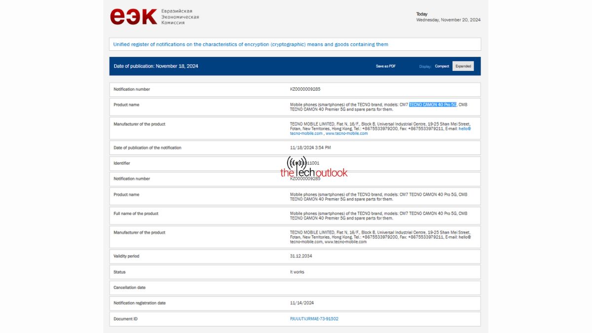 Tecno Camon 40 Series Smartphones spotted on EEC