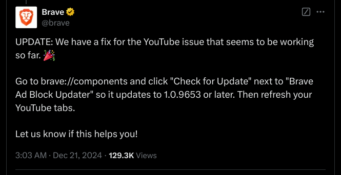 Brave Brings Out New Fix to Prevent YouTube From Detecting Ad Blockers - X Post