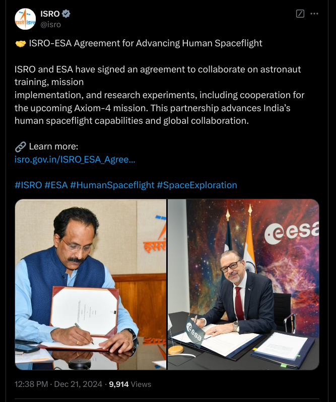 ISRO-ESA Agreement for Advancing Human Spaceflight