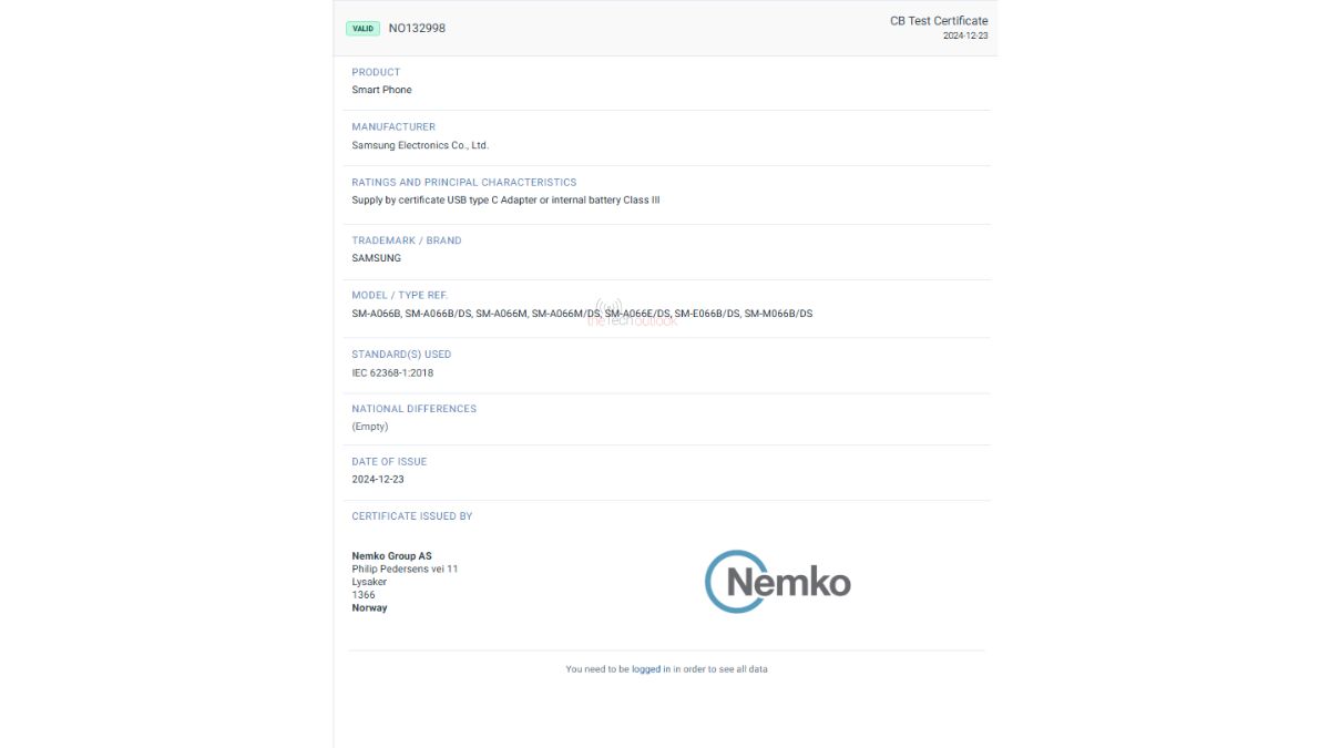 Samsung Galaxu A06 5G, F06 and M06 spotted on Nemko certification