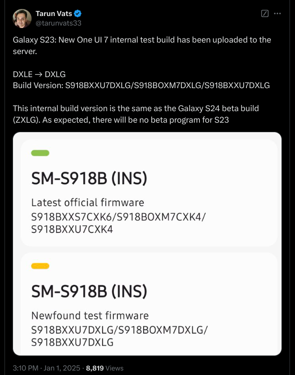 One UI 7 Internal Test Build - Galaxy S23 - Uploaded - X Update