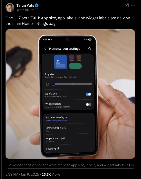 One UI 7 beta ZXLJ - App size, app labels, and widget labels are now on the main Home settings page!