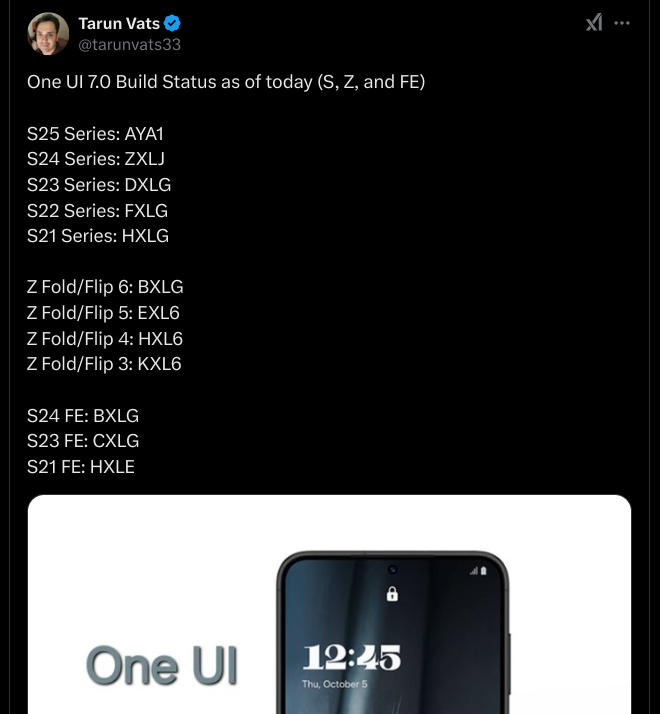 Samsung Galaxy S-series, Z-series, FE-series - Current One UI 7 Internal Build Status