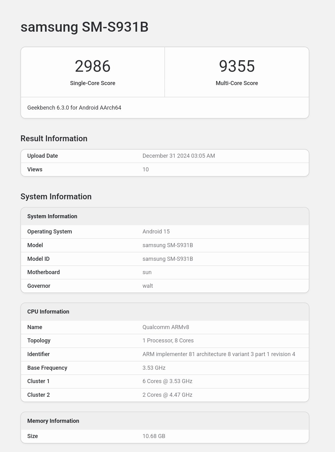 Samsung Galaxy S25 - Geekbench Listing