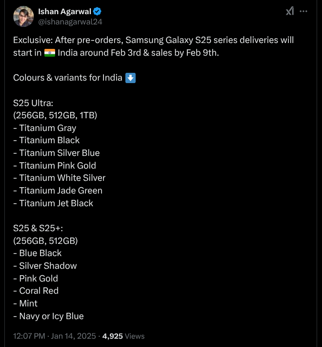 Samsung's Galaxy S25 Series Smartphones Storage Variants, Color Choices, and Sale Time Frame Tipped - X Update